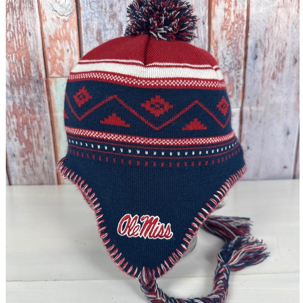 Adidas Ole Miss Rebels Peruvian Beanie Hat Navy Red Knit Pom Tassel OSFA
